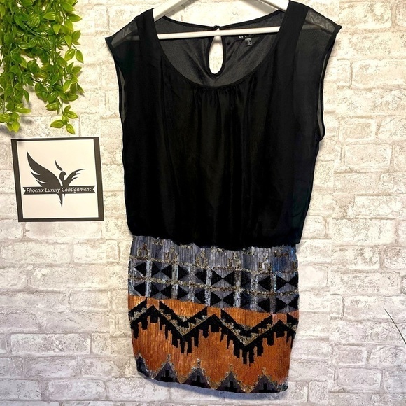AS U WISH Black Sheer Sequin Gold Silver Aztec Geometric Mini Dress Size Medium - Picture 1 of 9